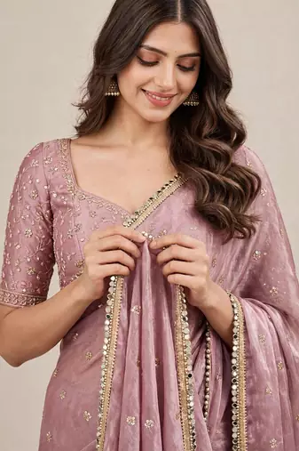 Wedding wear fandy satin designer saree with embroidery & mirror lace