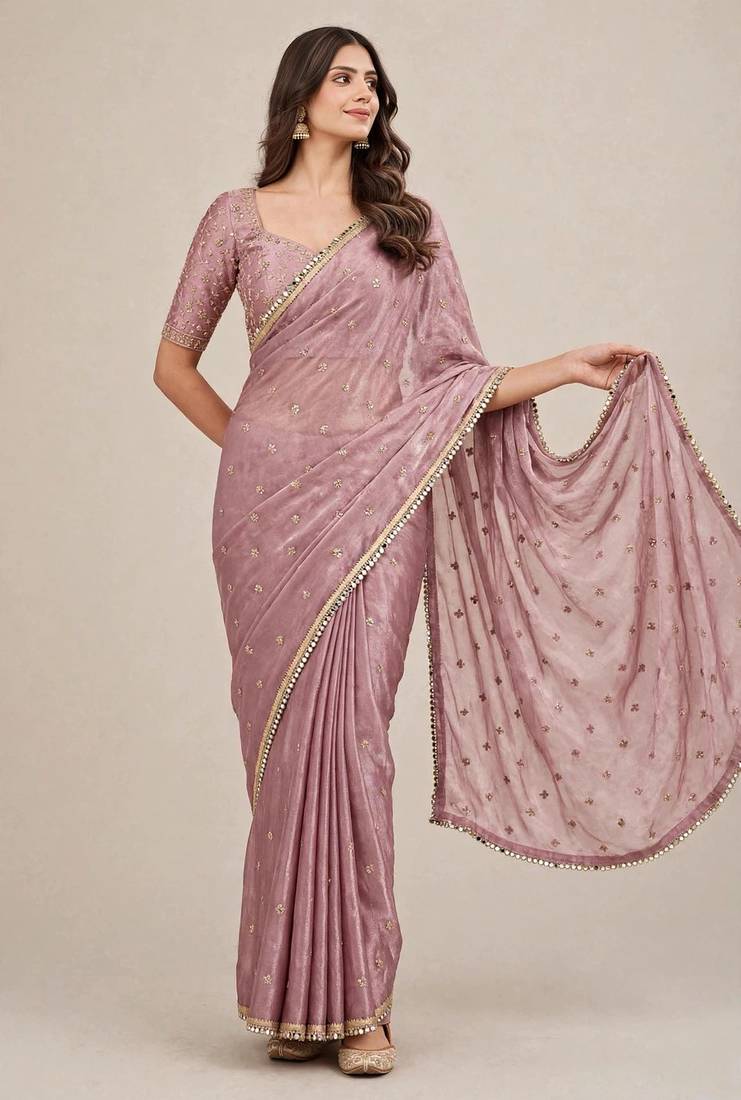 Wedding wear fandy satin designer saree with embroidery & mirror lace