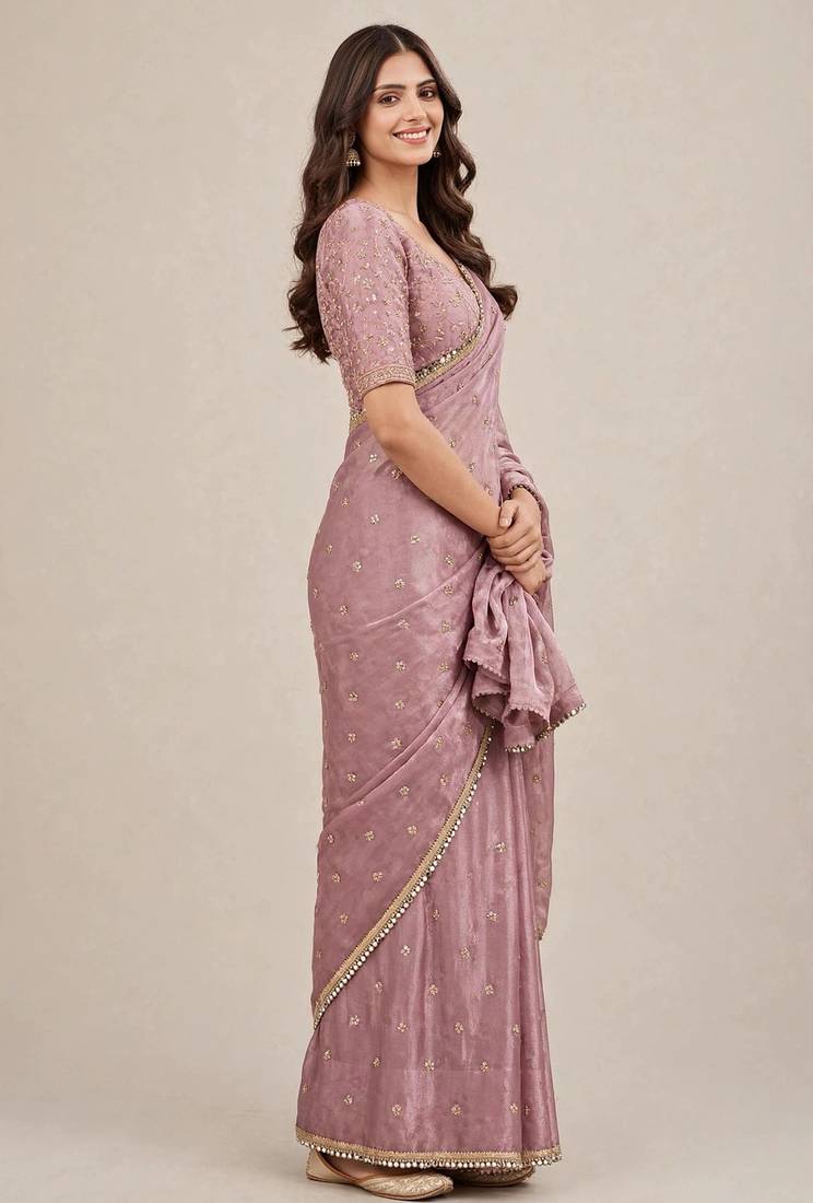 Wedding wear fandy satin designer saree with embroidery & mirror lace