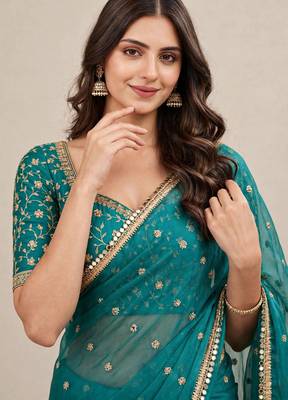 Party wear fandy satin premium embroidered saree with mirror lace 1