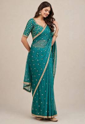 Party wear fandy satin premium embroidered saree with mirror lace 2
