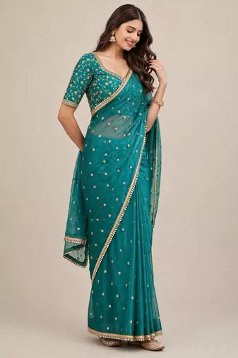 Party wear fandy satin premium embroidered saree with mirror lace