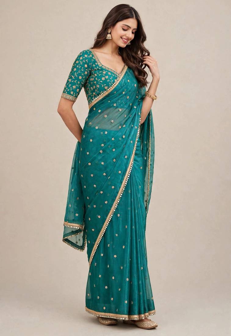 Party wear fandy satin premium embroidered saree with mirror lace