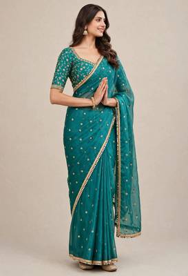 Party wear fandy satin premium embroidered saree with mirror lace 3