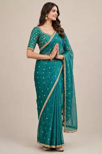 Party wear fandy satin premium embroidered saree with mirror lace