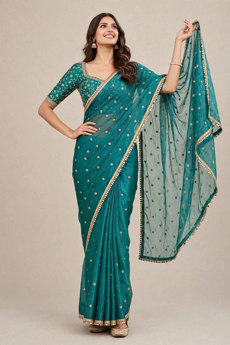 Party wear fandy satin premium embroidered saree with mirror lace