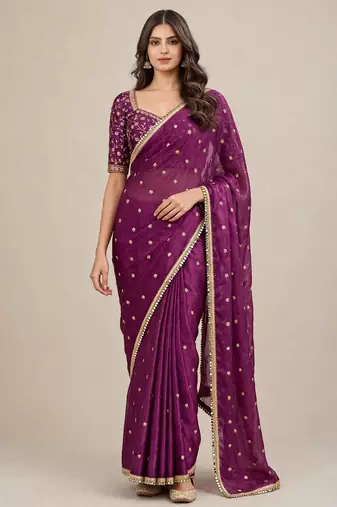 Fancy fandy satin designer saree with premium embroidery and mirror lace