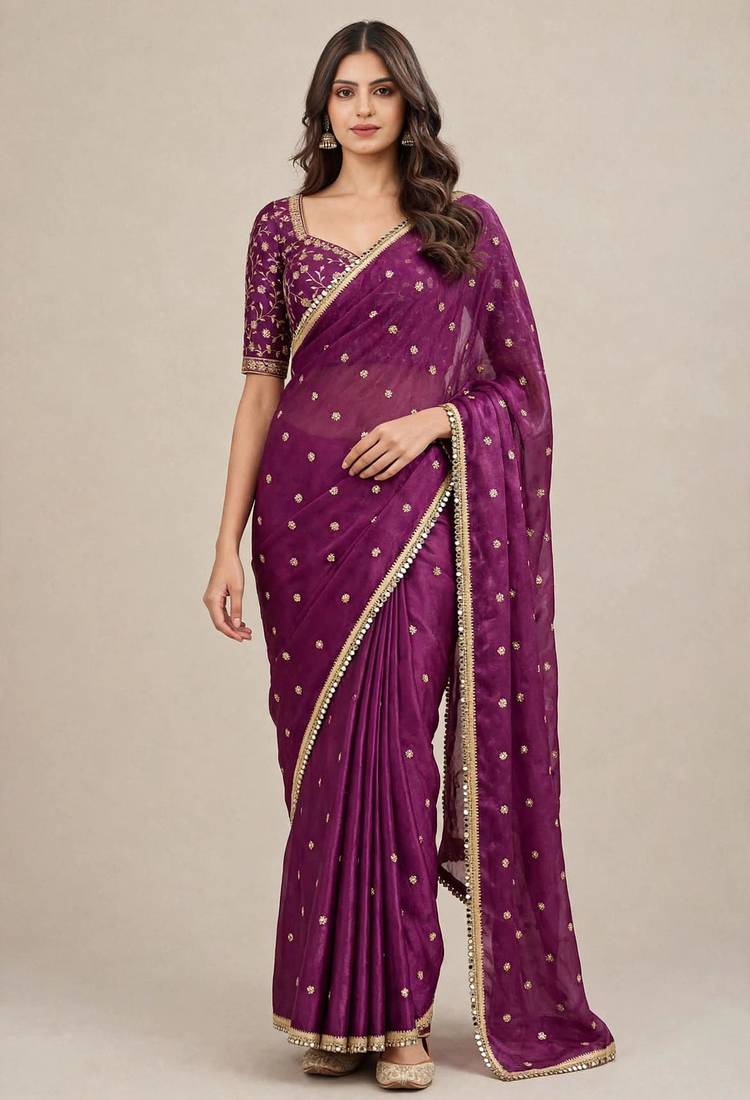 Fancy fandy satin designer saree with premium embroidery and mirror lace