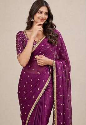 Fancy fandy satin designer saree with premium embroidery and mirror lace 1