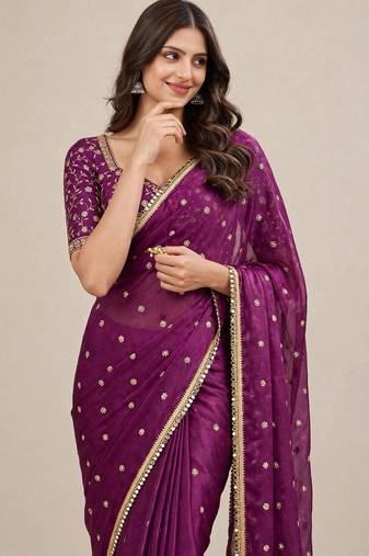 Fancy fandy satin designer saree with premium embroidery and mirror lace