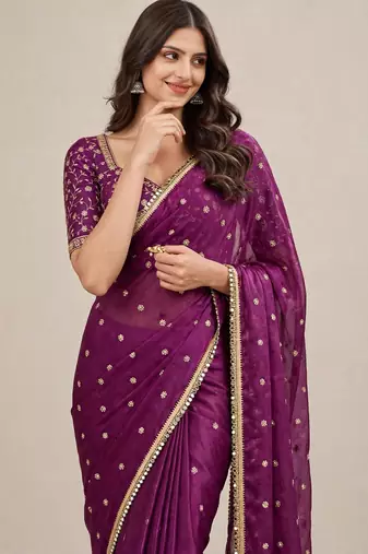 Fancy fandy satin designer saree with premium embroidery and mirror lace