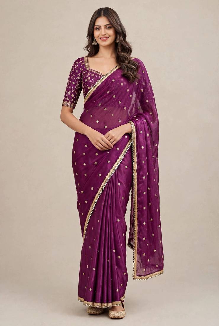 Fancy fandy satin designer saree with premium embroidery and mirror lace