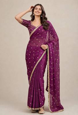 Fancy fandy satin designer saree with premium embroidery and mirror lace 4
