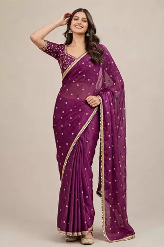 Fancy fandy satin designer saree with premium embroidery and mirror lace