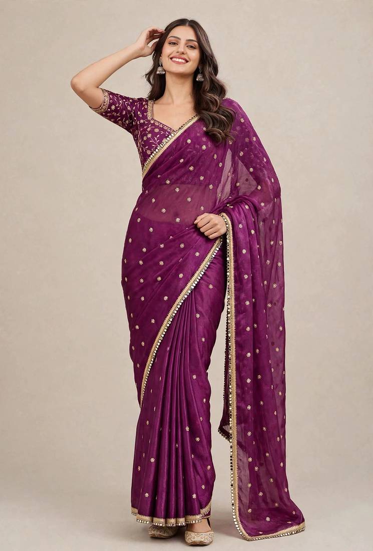 Fancy fandy satin designer saree with premium embroidery and mirror lace