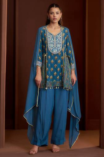 Teal printed natural crepe a-line pant  kurta set
