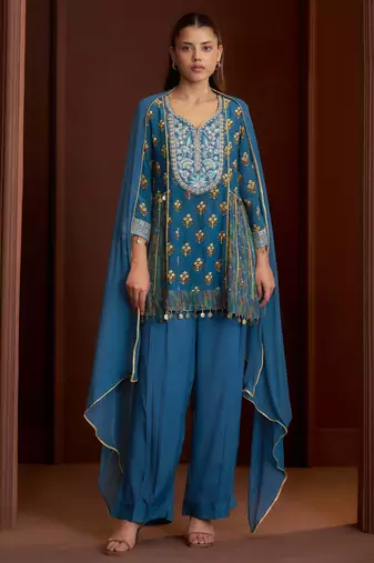 Teal printed natural crepe a-line pant  kurta set