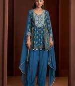 Teal printed natural crepe a-line pant  kurta set