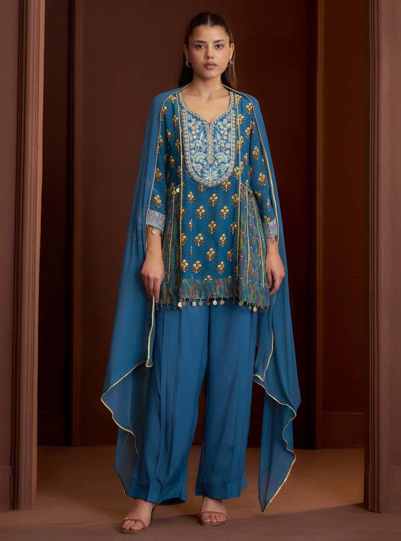 Teal printed natural crepe a-line pant  kurta set
