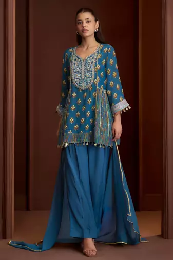 Teal printed natural crepe a-line pant  kurta set