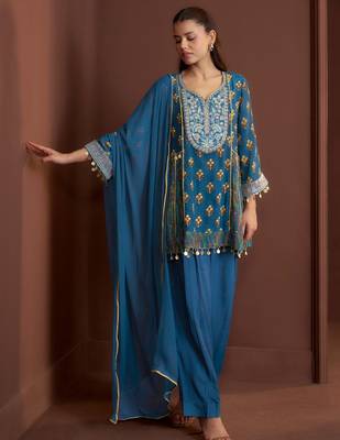 Teal printed natural crepe a-line pant  kurta set 3