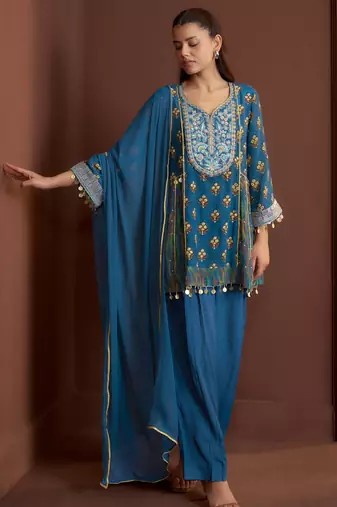 Teal printed natural crepe a-line pant  kurta set