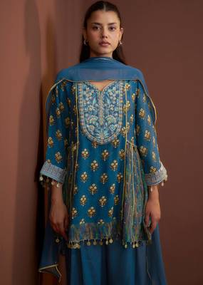 Teal printed natural crepe a-line pant  kurta set 4