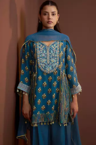 Teal printed natural crepe a-line pant  kurta set