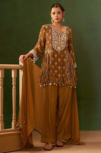 Brown printed natural crepe a-line pant  kurta set