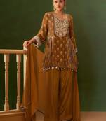 Brown printed natural crepe a-line pant  kurta set