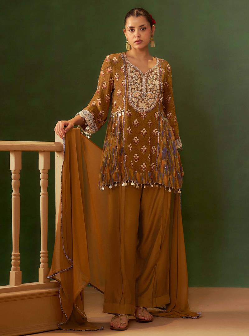 Brown printed natural crepe a-line pant  kurta set