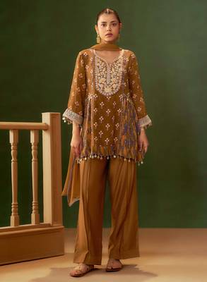 Brown printed natural crepe a-line pant  kurta set 2