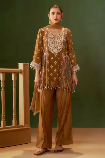 Brown printed natural crepe a-line pant  kurta set