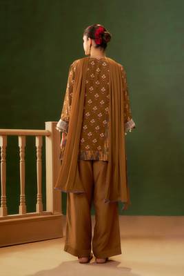 Brown printed natural crepe a-line pant  kurta set 3