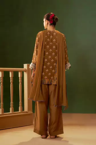Brown printed natural crepe a-line pant  kurta set