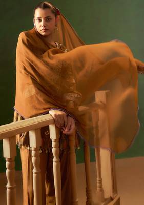 Brown printed natural crepe a-line pant  kurta set 4