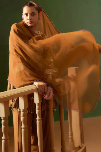 Brown printed natural crepe a-line pant  kurta set