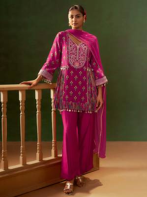 Magenta printed natural crepe a-line pant  kurta set 1