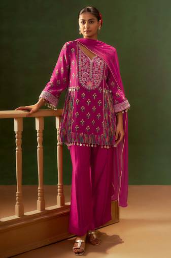 Magenta printed natural crepe a-line pant  kurta set