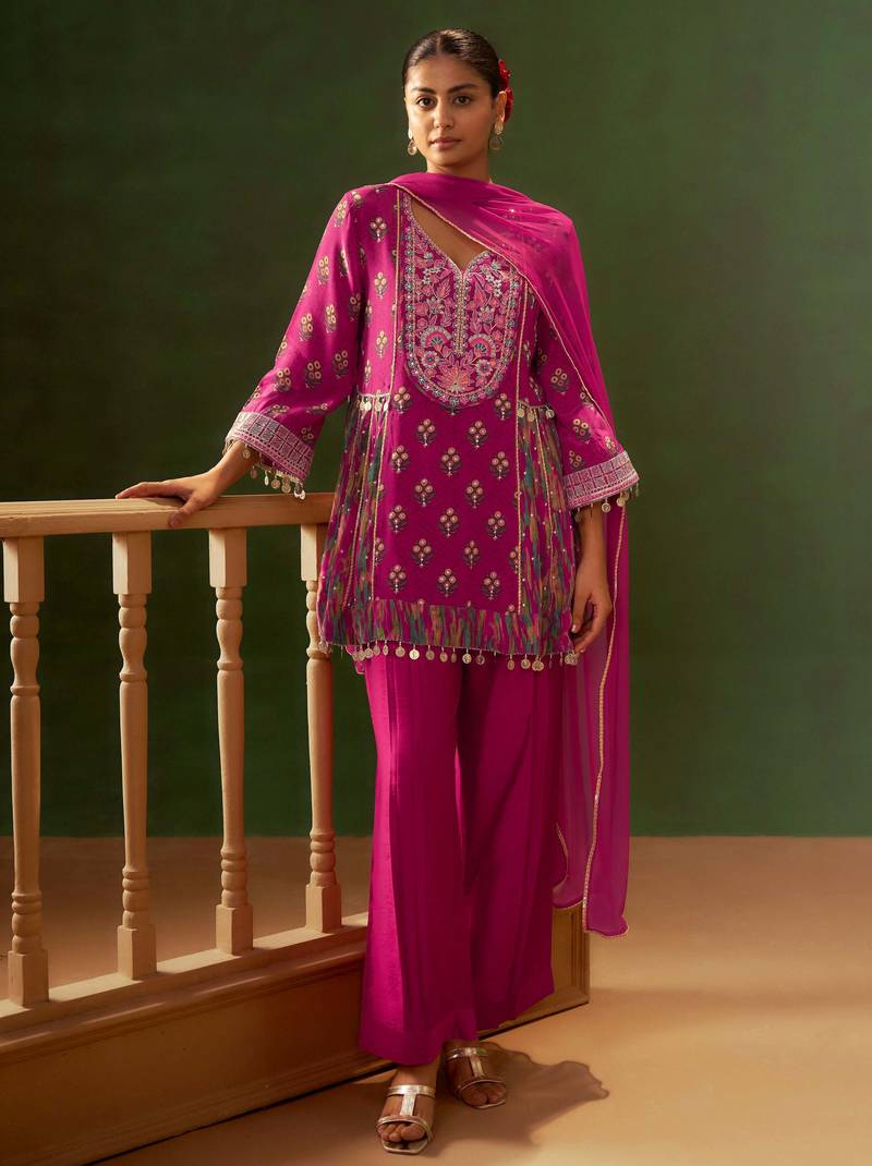 Magenta printed natural crepe a-line pant  kurta set