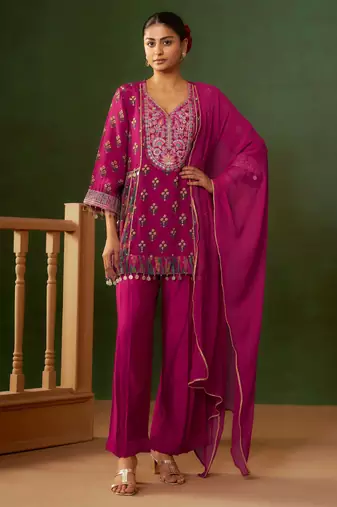 Magenta printed natural crepe a-line pant  kurta set