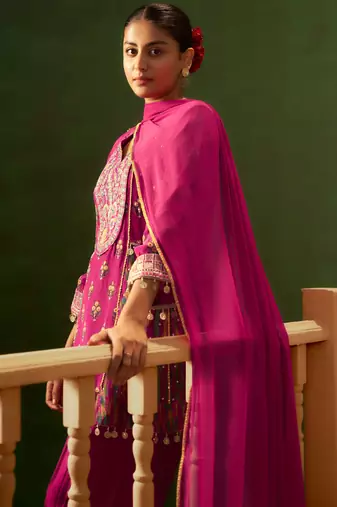 Magenta printed natural crepe a-line pant  kurta set