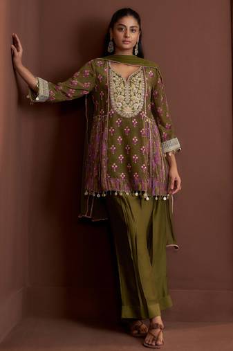 Green printed natural crepe a-line pant  kurta set
