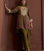 Green printed natural crepe a-line pant  kurta set
