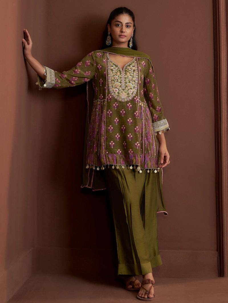 Green printed natural crepe a-line pant  kurta set