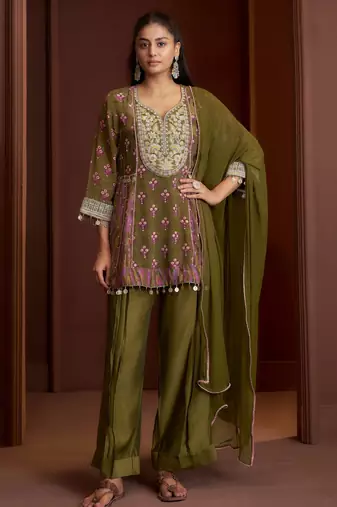 Green printed natural crepe a-line pant  kurta set