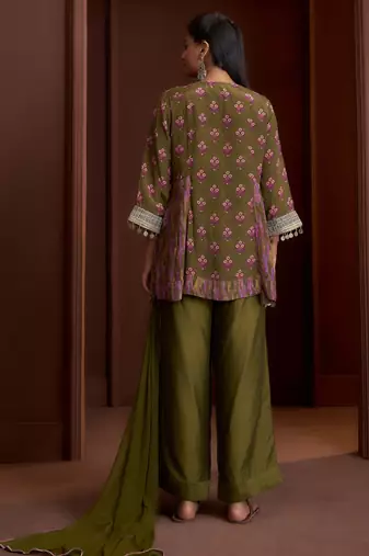 Green printed natural crepe a-line pant  kurta set