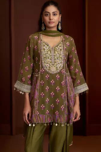 Green printed natural crepe a-line pant  kurta set
