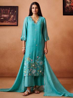 Blue embroidered chanderi straight pant  kurta set 1