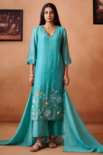 Blue embroidered chanderi straight pant  kurta set